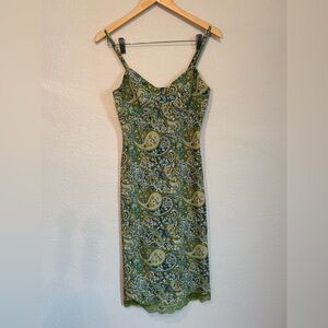 Express Paisley Slip Dress Lace Hem Green Y2K Boho Size 1/2 Fairycore Dainty